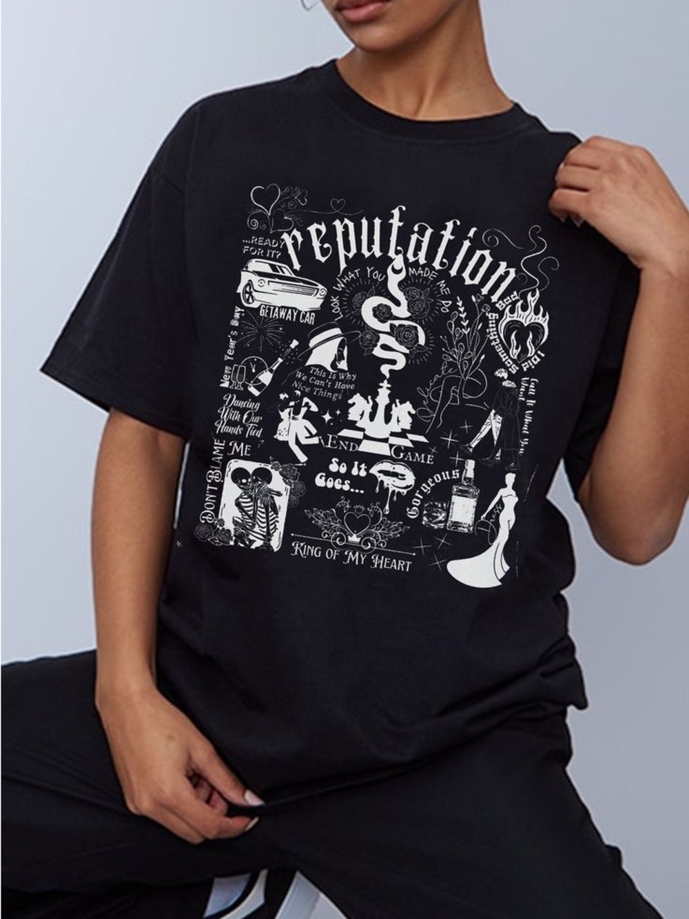 Taylor Swift inspired Reputation Black White Graphic Short Sleeve T Shirt XXL